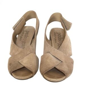 Pedro Garcia Tan Suede Slingback Sandals Block Heel Wedge Cross Strap Sz 37.5 EU